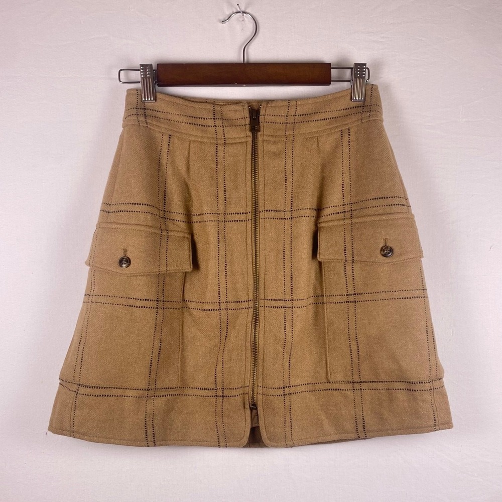 NWT Madewell Camel Plaid Wool Blend A-Line Midi Skirt Zip Frnt 0 Academia Office